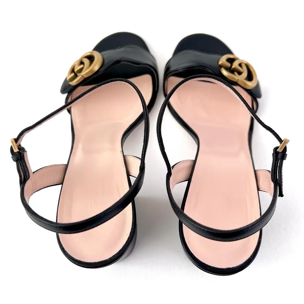 GUCCI | Marmont Double GG Black Leather Mid Heel Block Sandal EU 37.5 US 7.5 - Picture 6 of 14